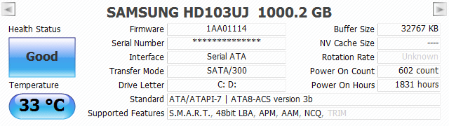 CrystalDiskInfo general information tab listing model, firmware, interface, and capacity