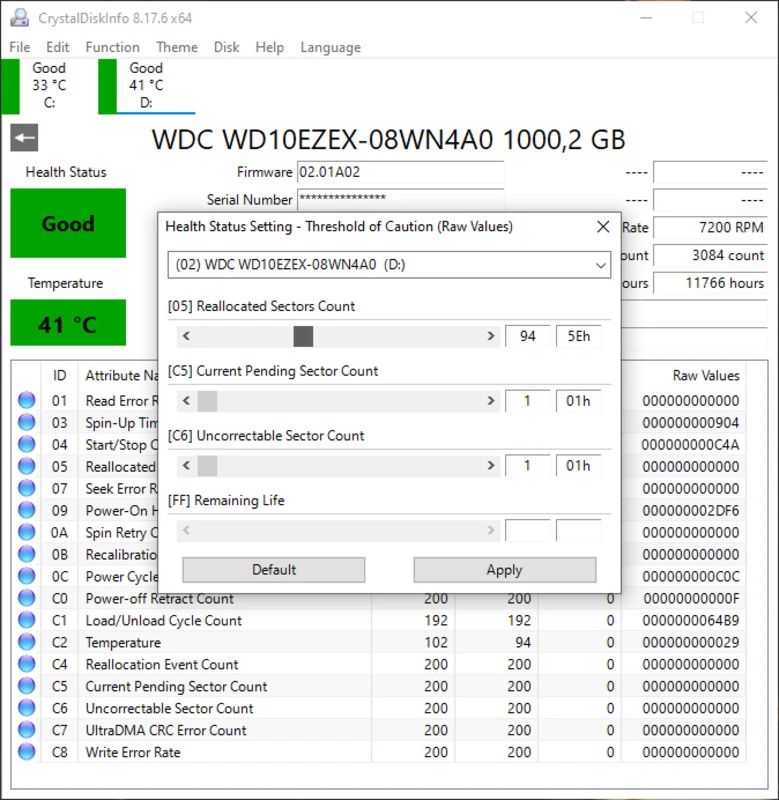 CrystalDiskInfo temperature column sorted beside power-on hours