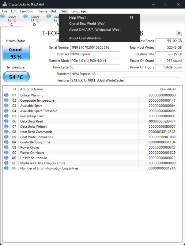 CrystalDiskInfo context menu opened on a disk row for advanced actions