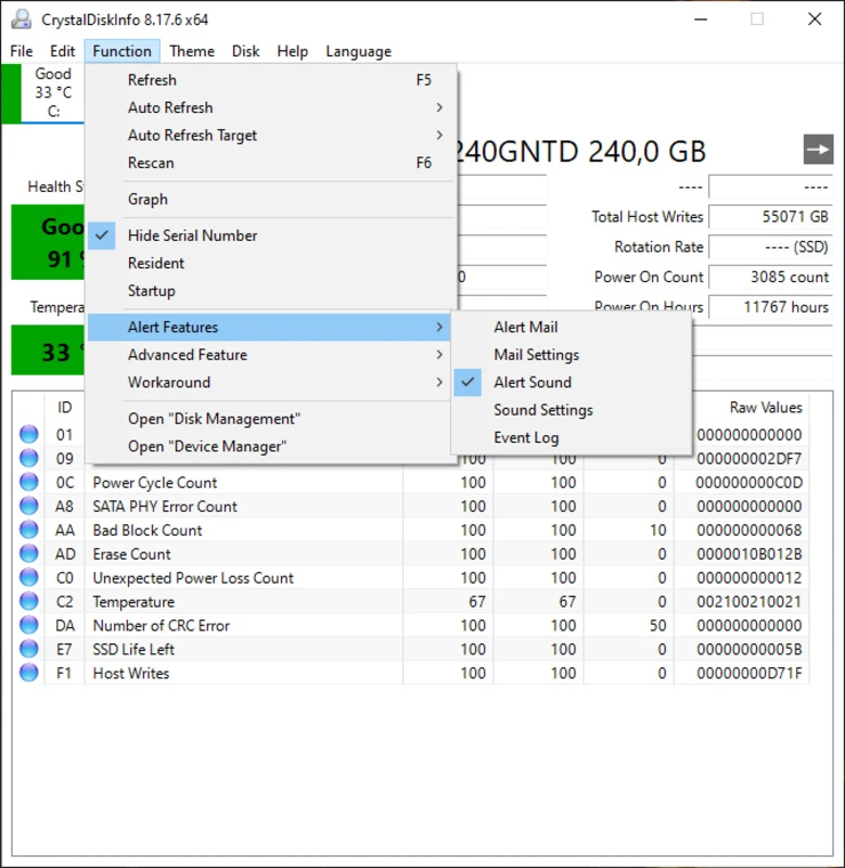 CrystalDiskInfo multi-select state highlighting several removable drives