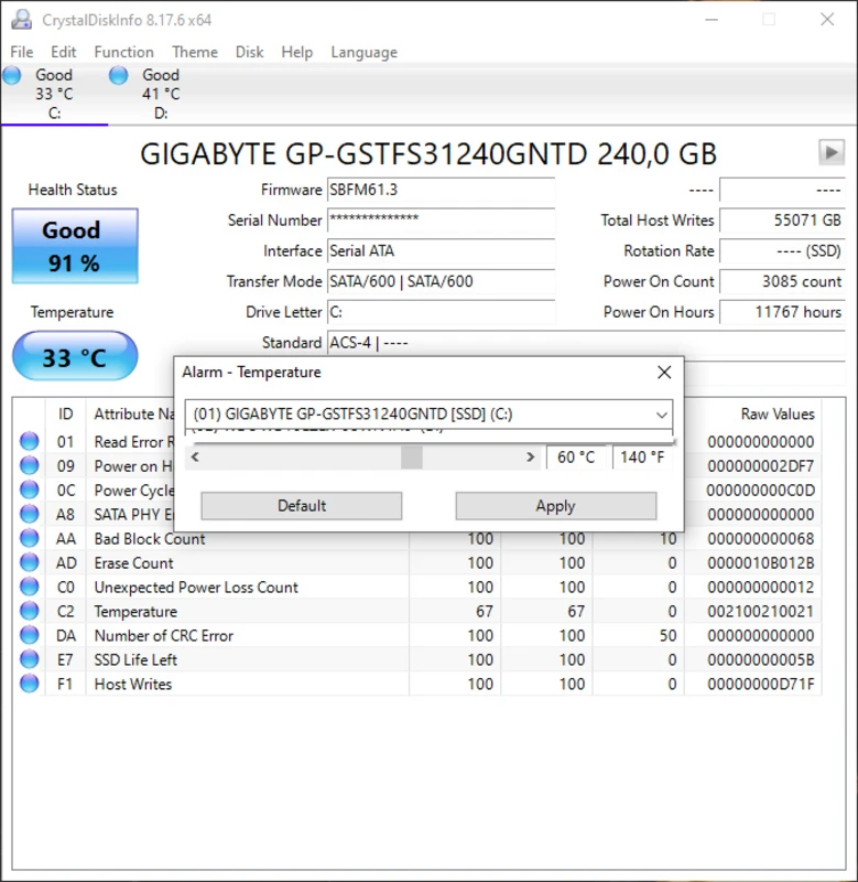 CrystalDiskInfo export dialog for saving SMART data as text