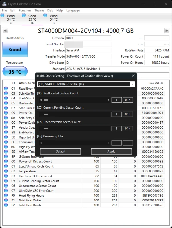 CrystalDiskInfo threshold editor for custom warning temperatures