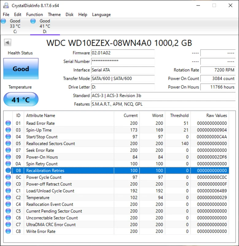 CrystalDiskInfo comparison mode showing two disks side by side